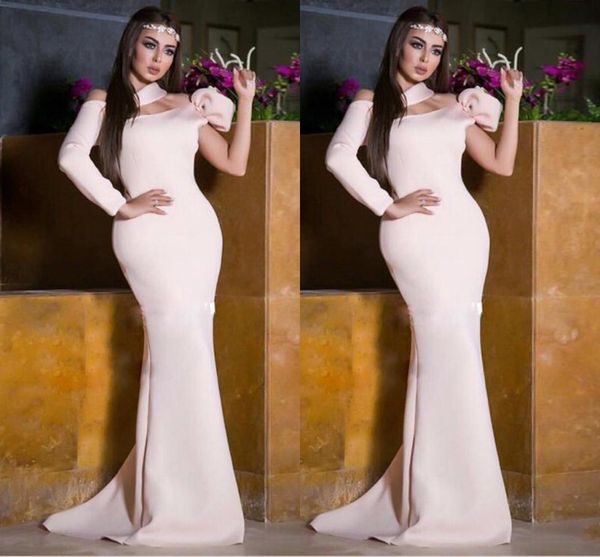 Blush Rosa Cetim Longos Vestidos de Noite de Um Ombro Manga Longa Oriente Médio Formal Vestidos de Festa Até O Chão Prom Vestidos Baratos Abaixo de 100