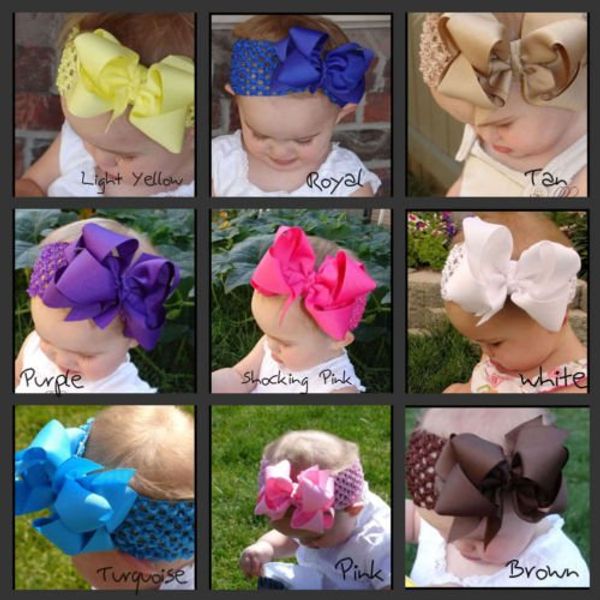 

wholesale- 1pc 5.5inch double large kids infant baby girls elastic headbands ribbon bows tiara bow headband satin flower hair band headwrap, Slivery;white