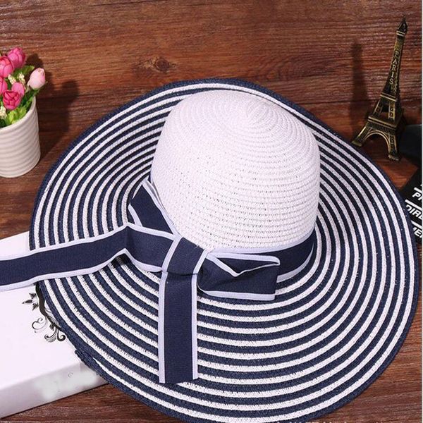 

wholesale- new 2017 fashion packable sun paper straw hat for women summer beach cap striped bow ribbon hats ladies summer floppy hat, Blue;gray
