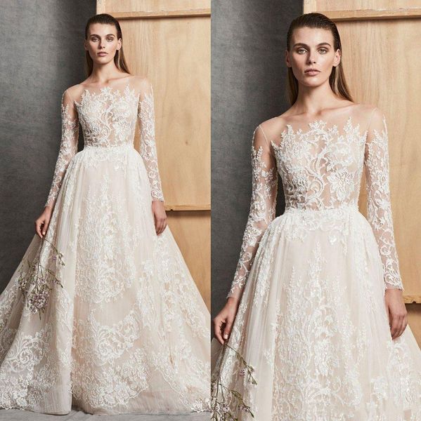 

2018 zuhair murad long sleeves wedding dresses sheer bateau neck a line plus size lace bridal gowns appliqued vestido de novia, White