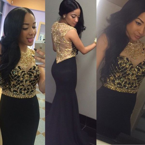 

Elegant Long Mermaid Prom Dresses with Gold Sequins Rhinestone Tank See Through Back Black Party Gowns Vestidos de Noche Largos free shippng