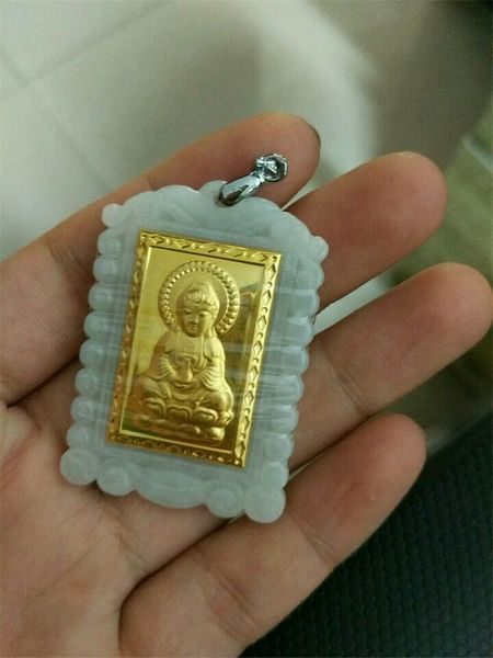 

gold inlaid jade guanyin bodhisattva (talisman). necklace pendant, Silver