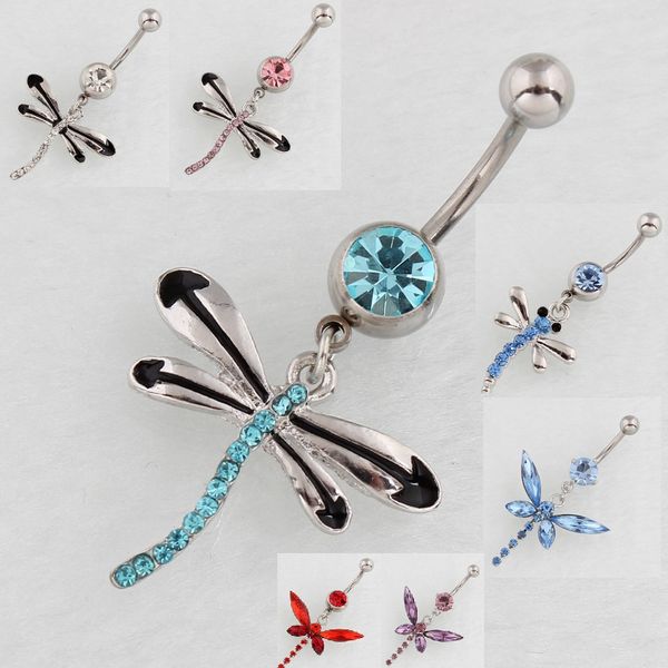 

brand new fashion belly button rings stainless steel dangle 8 color rhinestone dragonfly navel body piercing jewelry, Silver