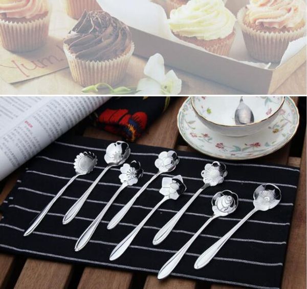 

new arrive tableware flower shape sugar stainless steel silver c teaspoons ice cream flatware kitchen tool