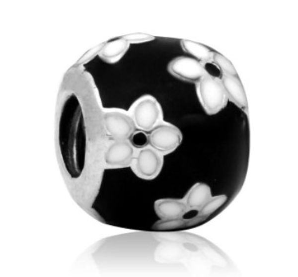 Passend für Pandora-Armbänder, schwarz-weiße Emaille-Blume, Silber-Charms, baumelnde Charm-Perlen für Großhandel, DIY-Europäischer Sterling-Halskettenschmuck