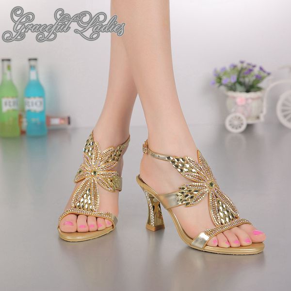 Strass sapatos de casamento salto alto quadrado 8cm mulheres sandálias de verão cristais flores t-cinta tornozelo estilingue novo 2016 dres263t