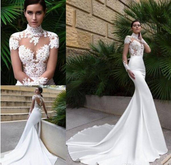 

new high neck crystal design mermaid wedding dresses see through back sheer long sleeve fitted bridal gowns with sweep train, White
