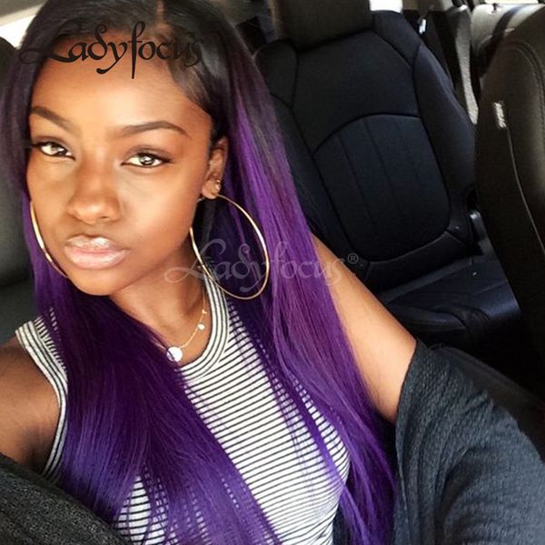 Long Purple Full Lace Human Hair Wigs Bleached Knots Dark Roots