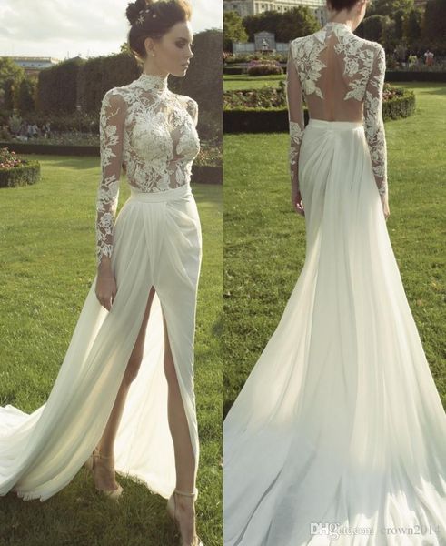Haute Couture шифоновое кружевное свадебное платье с длинным рукавом высокая шея иллюзия Applique Court Deep Split Front Garden Bridal Hown
