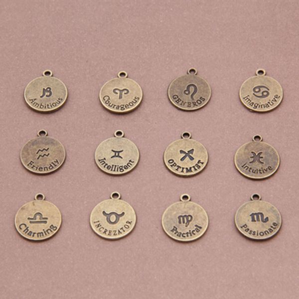 

120 pcs ronze round charm pendant, zodiac,twelve constellations charm pendant,double-sided diy findings ing, Bronze;silver