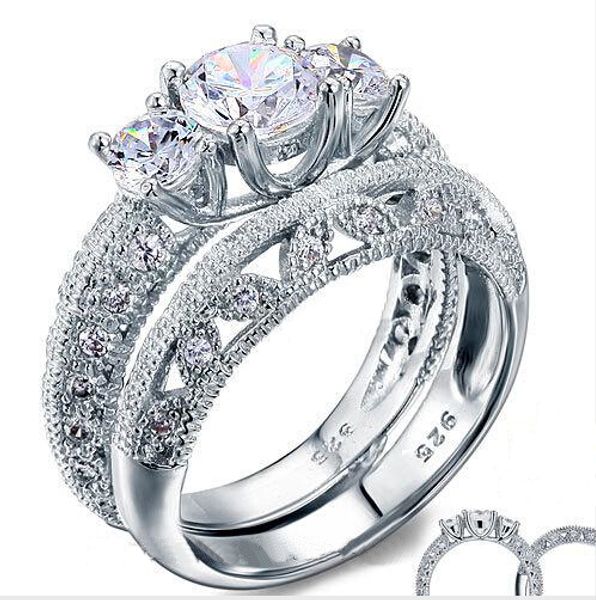 Vintage Style Victorian Art Deco 1.5 Ct Created Diamond Solid Sterling 925 Silver 2-Pcs Wedding Engagement Ring Set