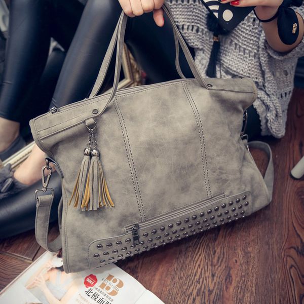

ew tassel bags women leather rivet handbag shoulder bag nubuck messenger bag tote