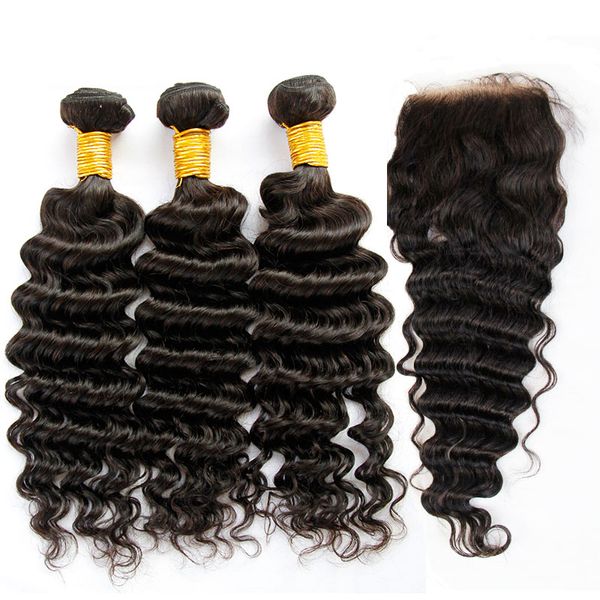 Filipino Virgin Hair Deep Wave With Closure 7A Unprocessed Curly Human Hair Weaves 3 Bundles And 1Piece Top Lace Closures Natural Black Weft