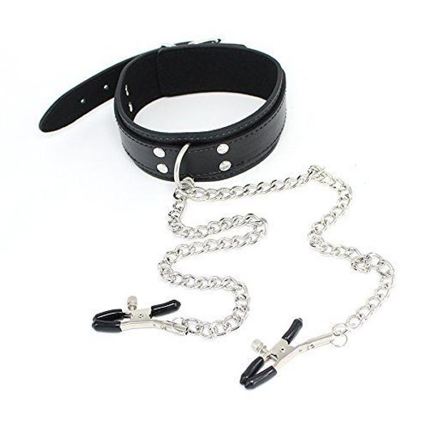 

crazy black pu flirt leather nipple neck & clamps ring with metal k&a #t20 dnnjp