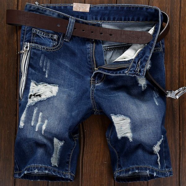 

wholesale-2016 men short jeans men's hole shorts men summer clothes new fashion brand men's short pants knee length jeans, Blue
