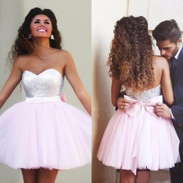 

2020 baby pink tulle silver sequined short homecoming dresses bow zipper back mini prom party dress custom made china en81012, Blue;pink