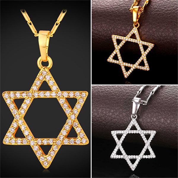 

magen david pendant necklace women's platinum plated/18k real gold plated star of david necklace with cubic zirconia, Silver