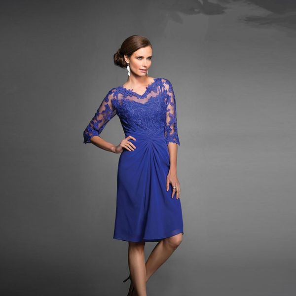 

2019 новая мода синий короткое платье для матери невесты 3/4 рукава кружева плиссированные шифон оболочка колен женщины формальные платья на, Black;red