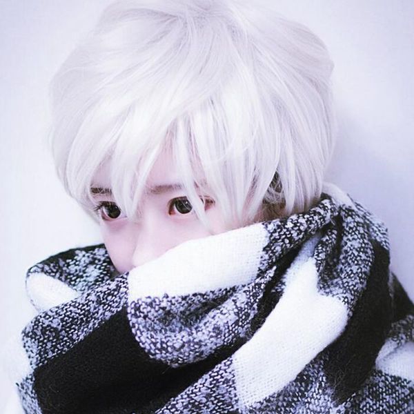 

ZF 30 см мужчины короткие прямые серебряные чисто белый натуральный парики HighTempreture