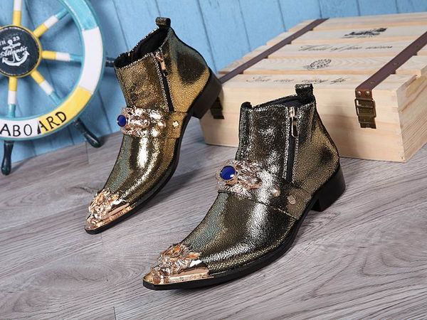 

fashion designer men pointed toe high leather shoes trend metal charm rivets martin boot zip 2 colors ankle boot size 38-46, Black