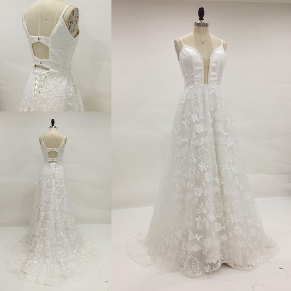 

real image lace wedding dress country beads sequins spaghetti straps plunging v neck corset lace up hollow back bridal gowns, White