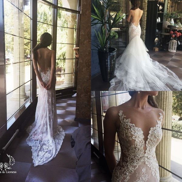 

2017 new mermaid lace wedding dresses bridal gowns with detached train illusion jewel backless lace appliques beading wedding dress, White
