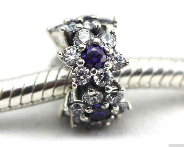 

pandora flower spacer charm beads with purple and clear cz 925 sterling silver loose beads for thread bracelet fashon jewelry authentic, Bronze;silver