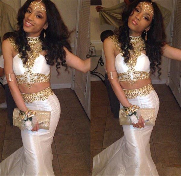 

2019 black girls two pieces prom dresses white gold rhinestones beaded mermaid evening gowns long prom party dresses custom made