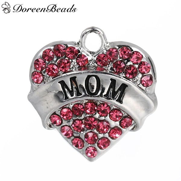 

charms pendants heart silver tone message " mom " carved pink rhinestone 20mm(6/8")x 19mm(6/8"), 2 pcs 2016 new jewelry, Bronze;silver