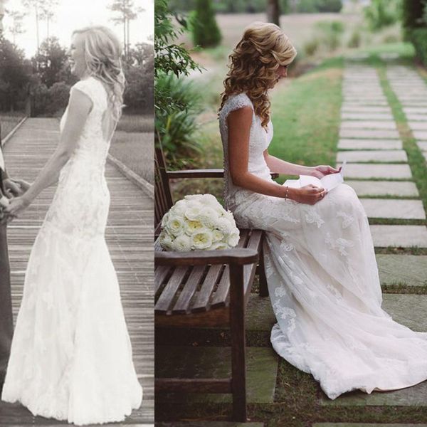 Vintage Outdoor Lace Backless Wedding Dresses Cap Sleeves V Neck