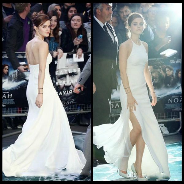 Sexy Split Side Emma Watson Celebrity Red Carpet Dresses Halger White Chiffon Long Evening Party Formal Prom Gowns Green Prom Dress Inexpensive Prom