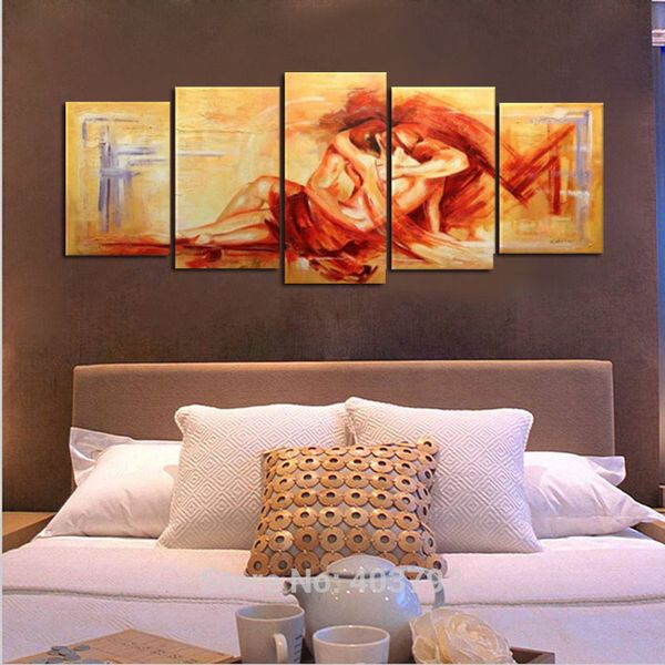 

hand painted 5 piece yellow modern abstract oil paintings on canvas wall art naked lover nude pictures for home decor