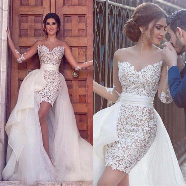 

arabic wedding dress sheath column sheer bateau neckline illusion long sleeves fitted short bridal gowns with detachable over skirt, White