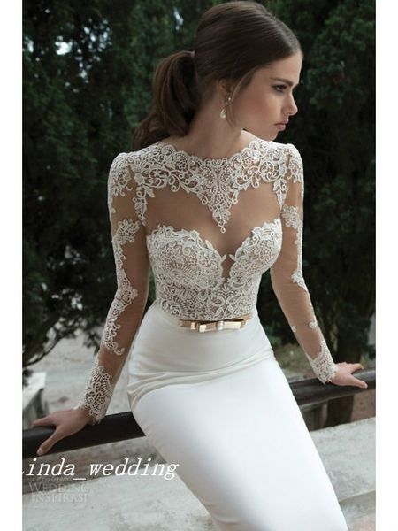 Frete Grátis Trompete Sereia Mangas Compridas de Cetim Varredura Trem Train Lace Backless Vestidos De Noiva Vestido de Noiva