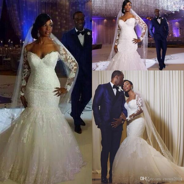 

long sleeves lace mermaid wedding dresses south africa sheer applique plus size church bridal gowns court train white wedding gown