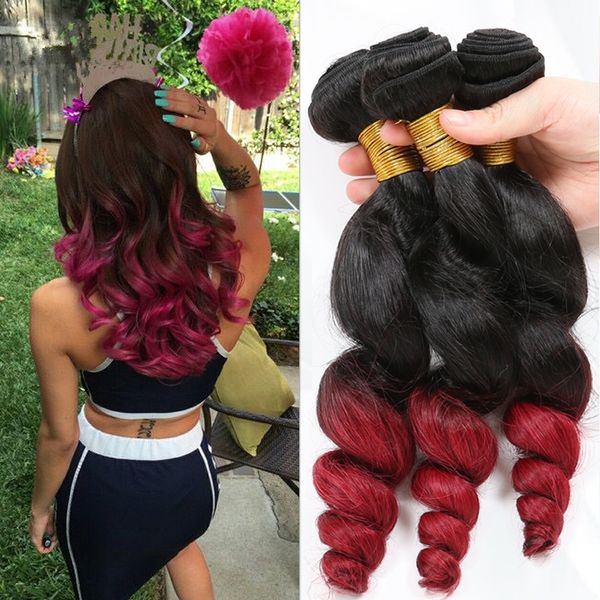 Malaysian Ombre Human Hair Bundles 1b Red Loose Wave Human Hair
