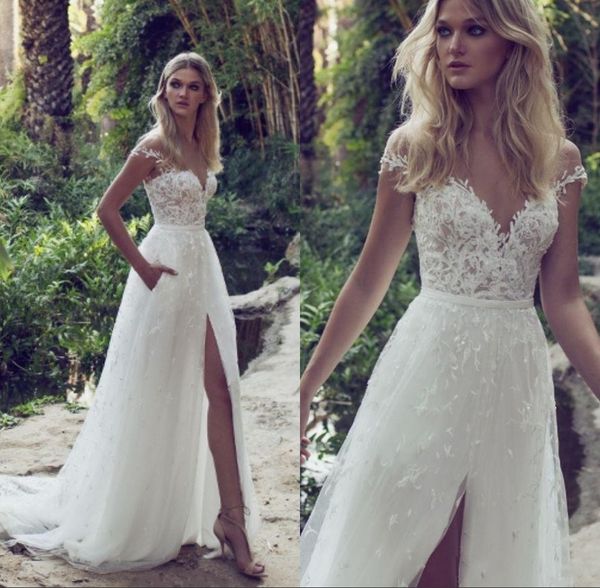

a-line lace wedding dresses 2018 sheer illusion bodice jewel court train vintage garden beach boho party bridal gown, White