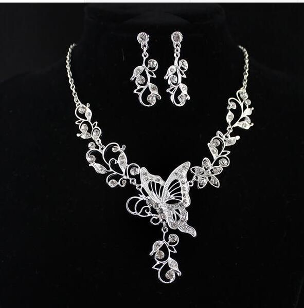 

bridal flower butterfly diamond necklace earrings dangle set silver color leaf hollow out butterfly necklace earrings, Golden;silver