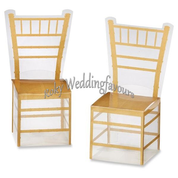 Spedizione gratuita 50pcs Wedding Faovrs Miniature Clear PVC Gold Chair Chiavari Bomboniere Bomboniere Anniversario Decor Ideas