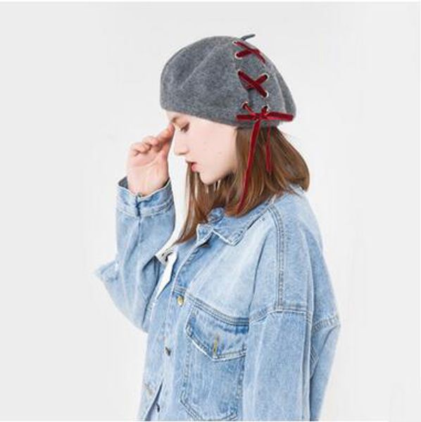 

new arrival women's lace wool berets creative design lace straps berets spring autumn lady's elegant caps painter hats black red g, Blue;gray