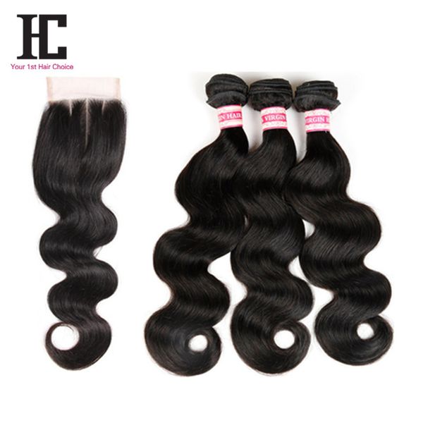 

7A Brazilian Virgin Hair Body Wave With Closure Unprocessed Brazilian Hair Weave Bundles With Closure HC Brazilian Hair With Closure