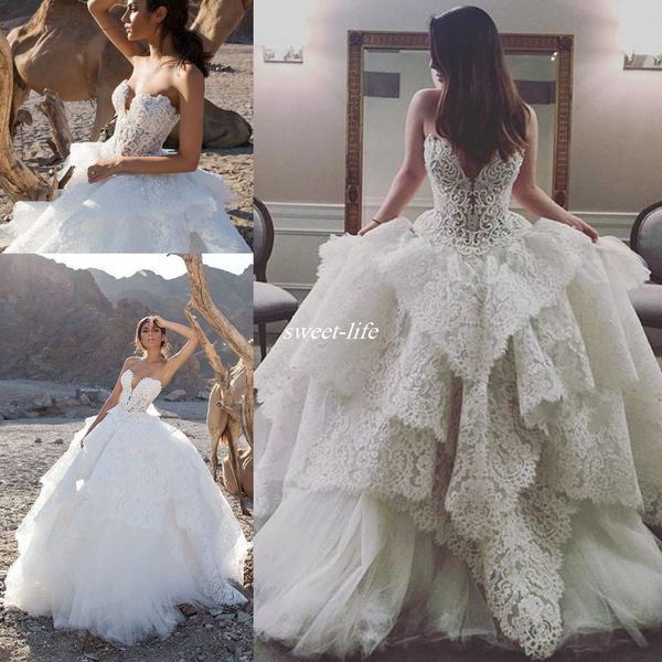 

strapless lace ball gown with pearls beaded bodice pnina tornai bridal wedding gowns 2021 puffy skirt plus size dresses, White