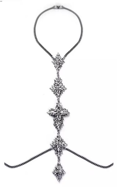 

new multi crystal body chains for women bikini body jewelry rhinestone flower long pendant necklaces club party crossover belly chain, Silver