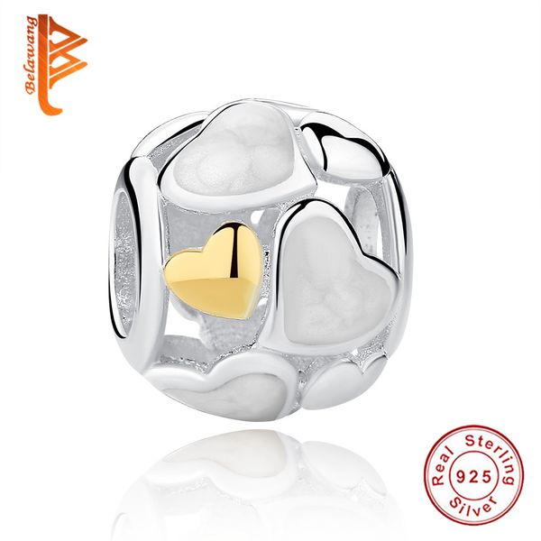 

BELAWANG 925 Sterling Silver Heart Charm Mother-Of-Pearl&14K Gold Beads Fit Pandora Charm Bracelets DIY Jewelry Making for Christmas Gift