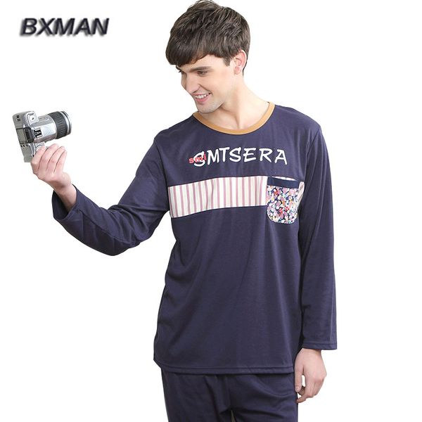 

wholesale-bxman brand men's casual pijamas hombre cotton letter & print o-neck full sleeve plus size sleepwear pajamas home suit 142, Black;brown