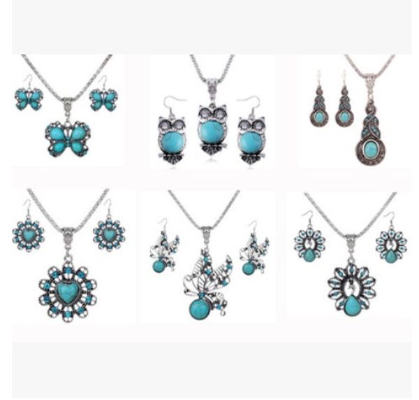 

fashion jewelry exaggerated vintage national style turquoise owl gourd butterfly heart necklace earrings jewelry set rhinestone jewelry set, Silver