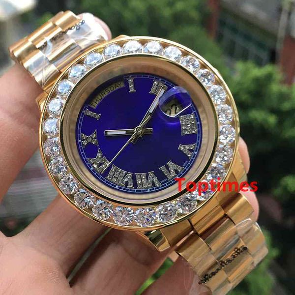 

Luxury men iced out watch big diamond day date gold tainle teel pre ident automatic mechanical wri twatch red men 039 watche