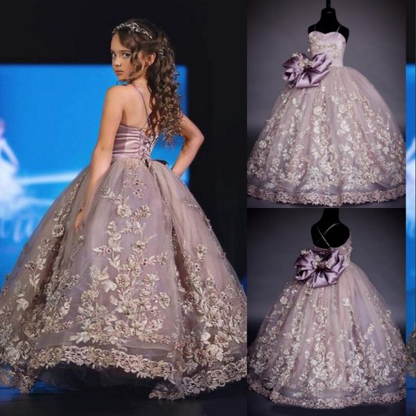 Adoralble цветочных кружева аппликации Pageant платье Sparkly бисер Съемная Bow платье для первой евхаристии Спагетти Цветочницы платье для свадьбы