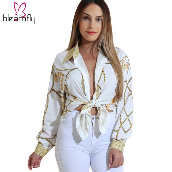 

2017 Осень Золотая Цепочка Печати Блузки для Женщин С Длинным Рукавом Turn Down Воротни