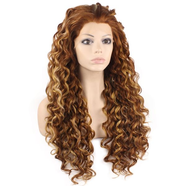 

26" extra long auburn wig curly heat friendly synthetic hair lace front wig, Black